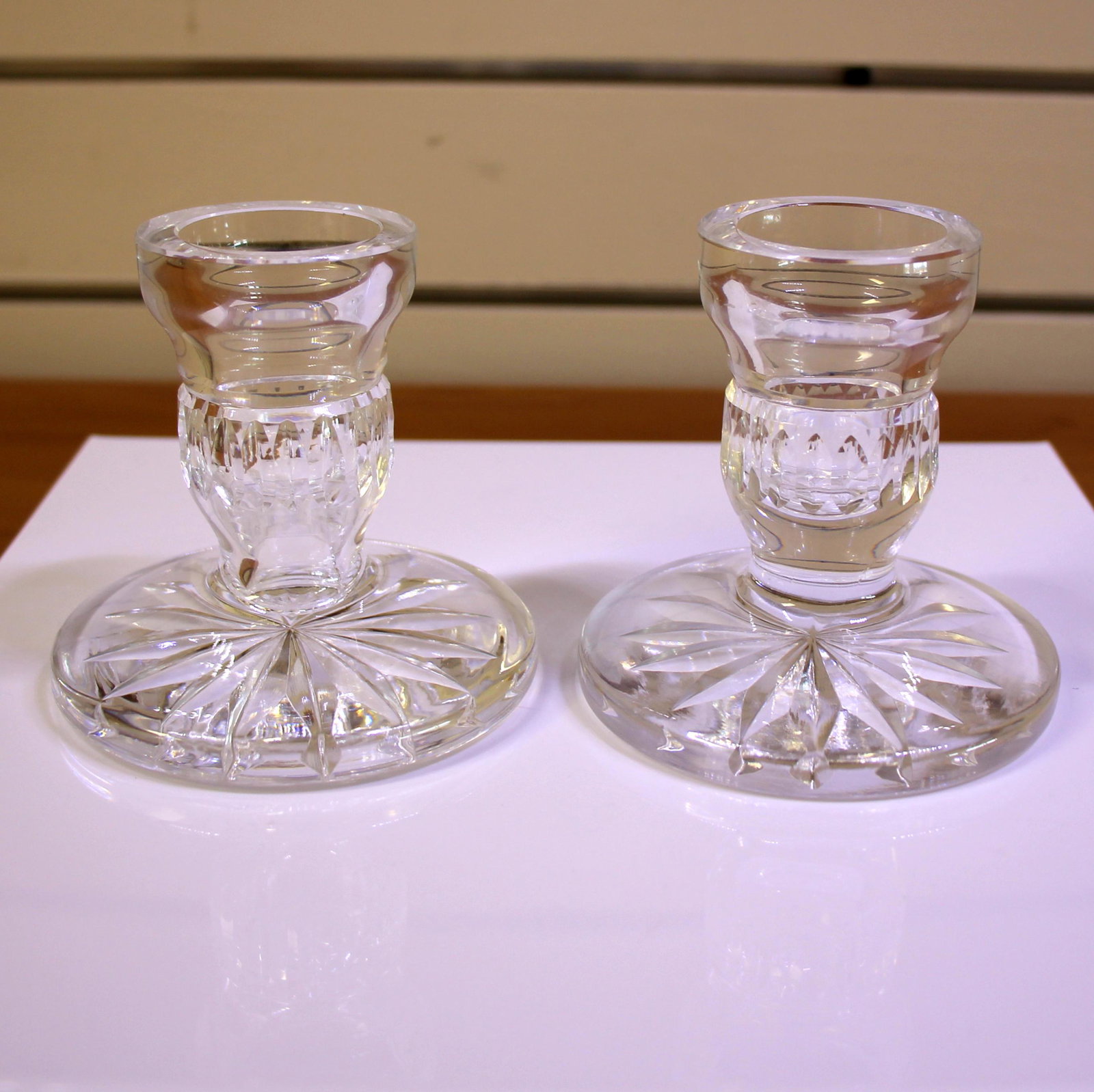 Old Mark Waterford Crystal Set of 2 Single Light: Lead Crystal. Two Single 3 7/8 inch candlesticks. Contains an Old Gothic Mark. Great condition. 726.5g