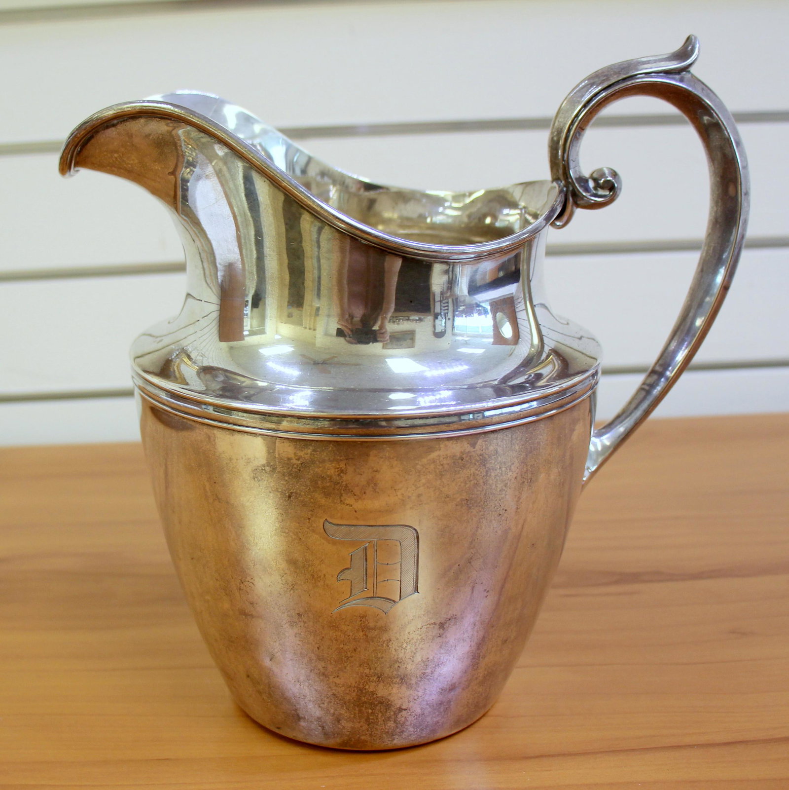 Gorham Sterling Silver Five Pint Water Pitcher: In .925 Sterling Silver. Monogramed "D". 9.25 inches tall. 9 inch wide at the widest point. 591.4g