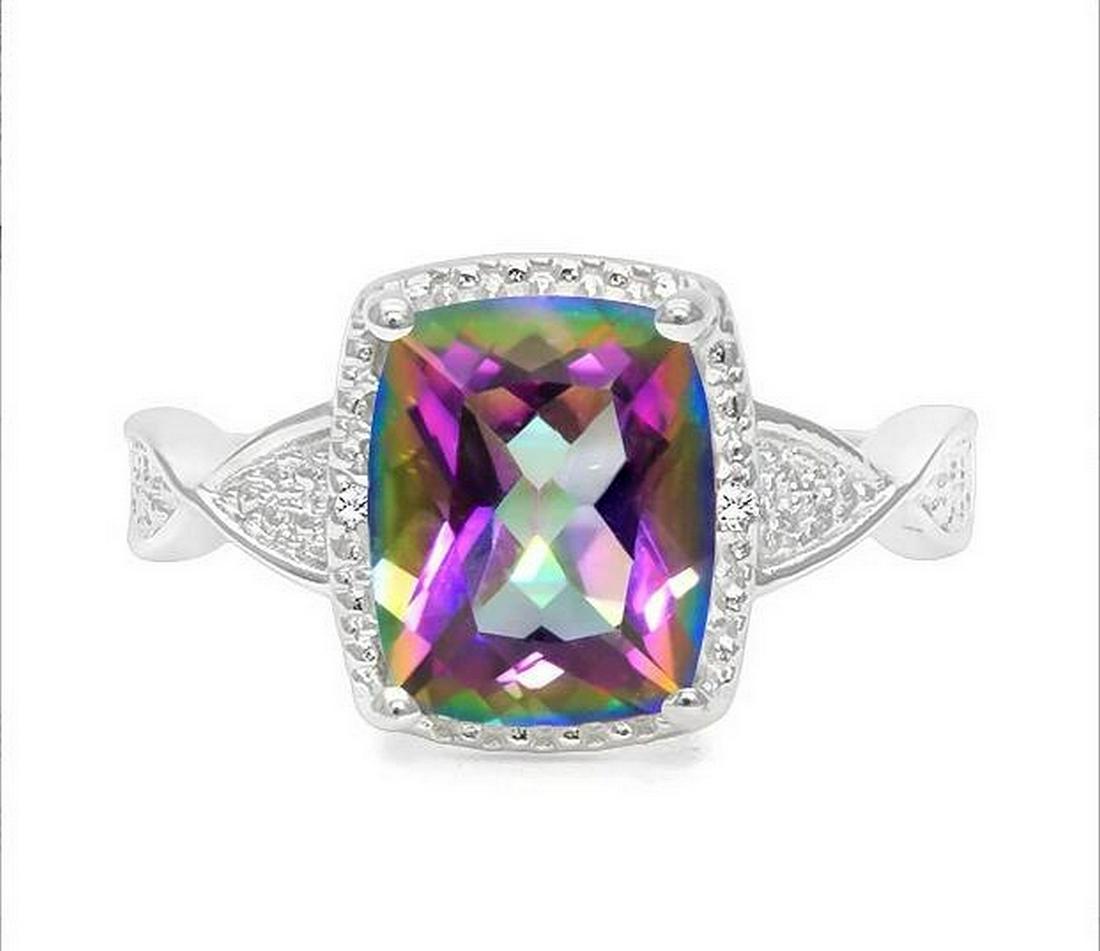2.5CT Mystic Topaz & Diamond Ring in Sterling Silver: Radiant cut 2.5ct genuine mystic topaz gemstone ring accented with .01ctw genuine diamonds. Size 8. Set in platinum over sterling silver, 3.7g.