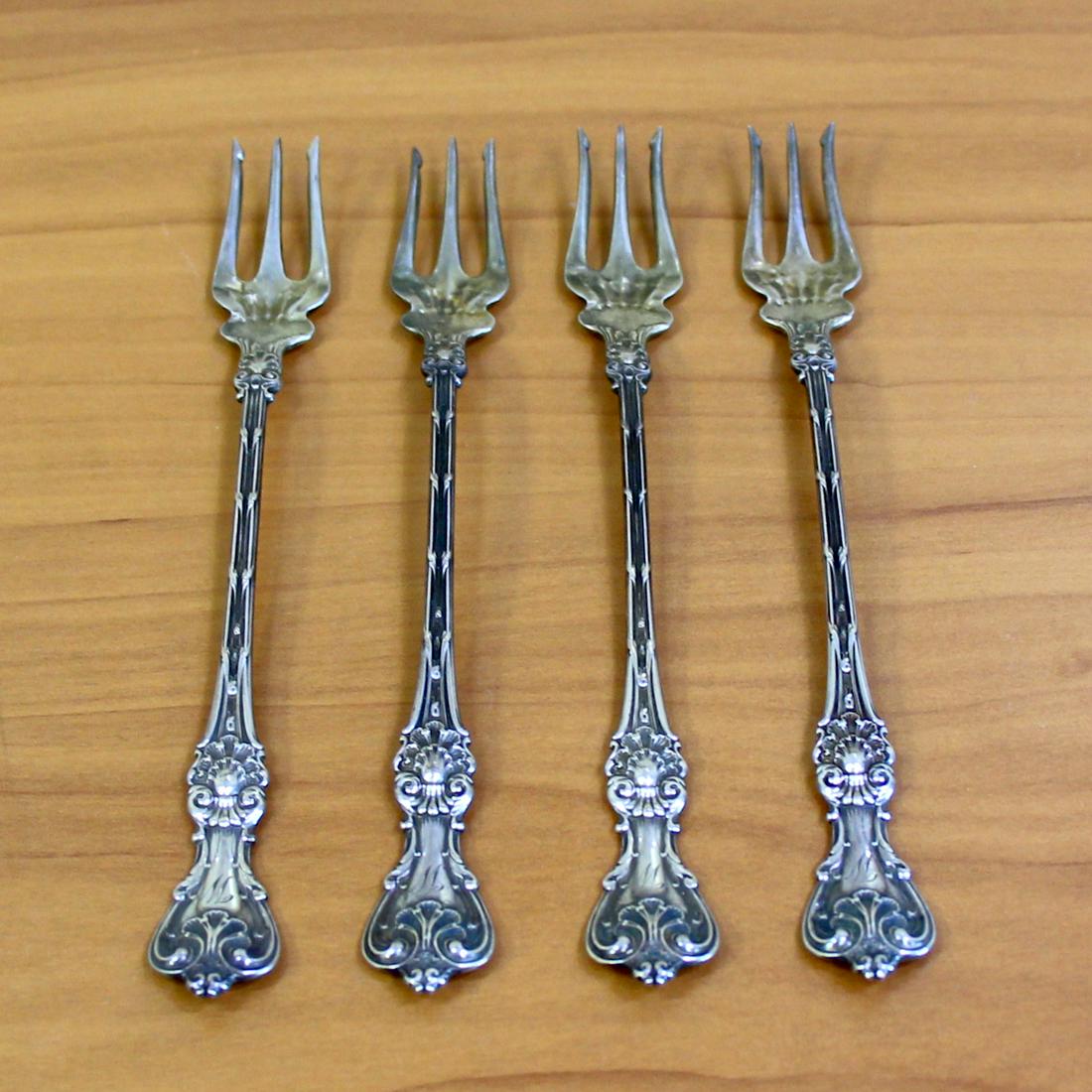 Antique Gorham Whiting King Edward Set of Four Oyster: In Sterling Silver. Contains four oyster forks @ 6 1/8 inches. M Monogram. 74.2g