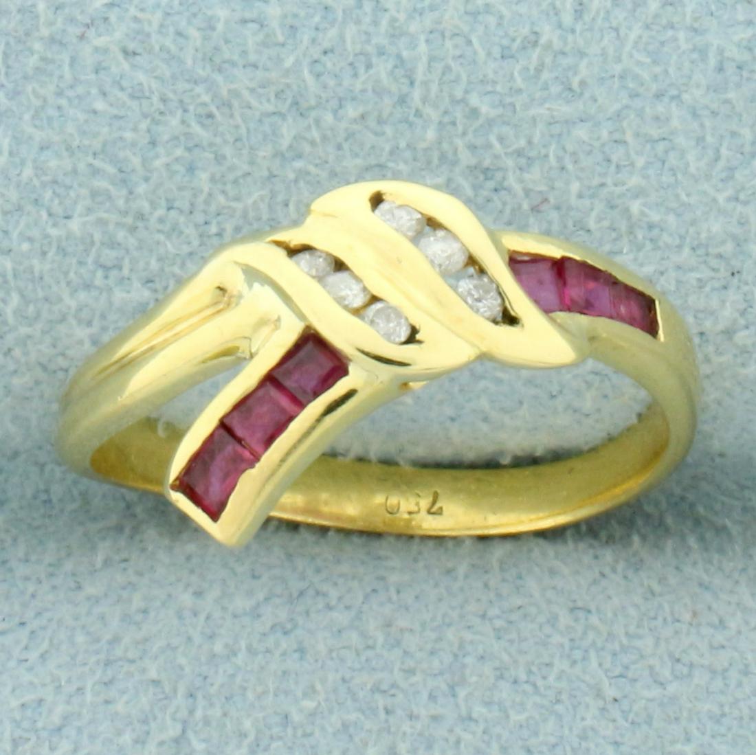 Designer Ruby and Diamond Abstract Ring in 18K Yellow: In 18K Yellow Gold. Contains six high quality natural 2mm princess cut Ruby gemstones with intense ruby red color and excellent clarity. Also contains six high quality .01ct Diamonds, SI clarity/H col