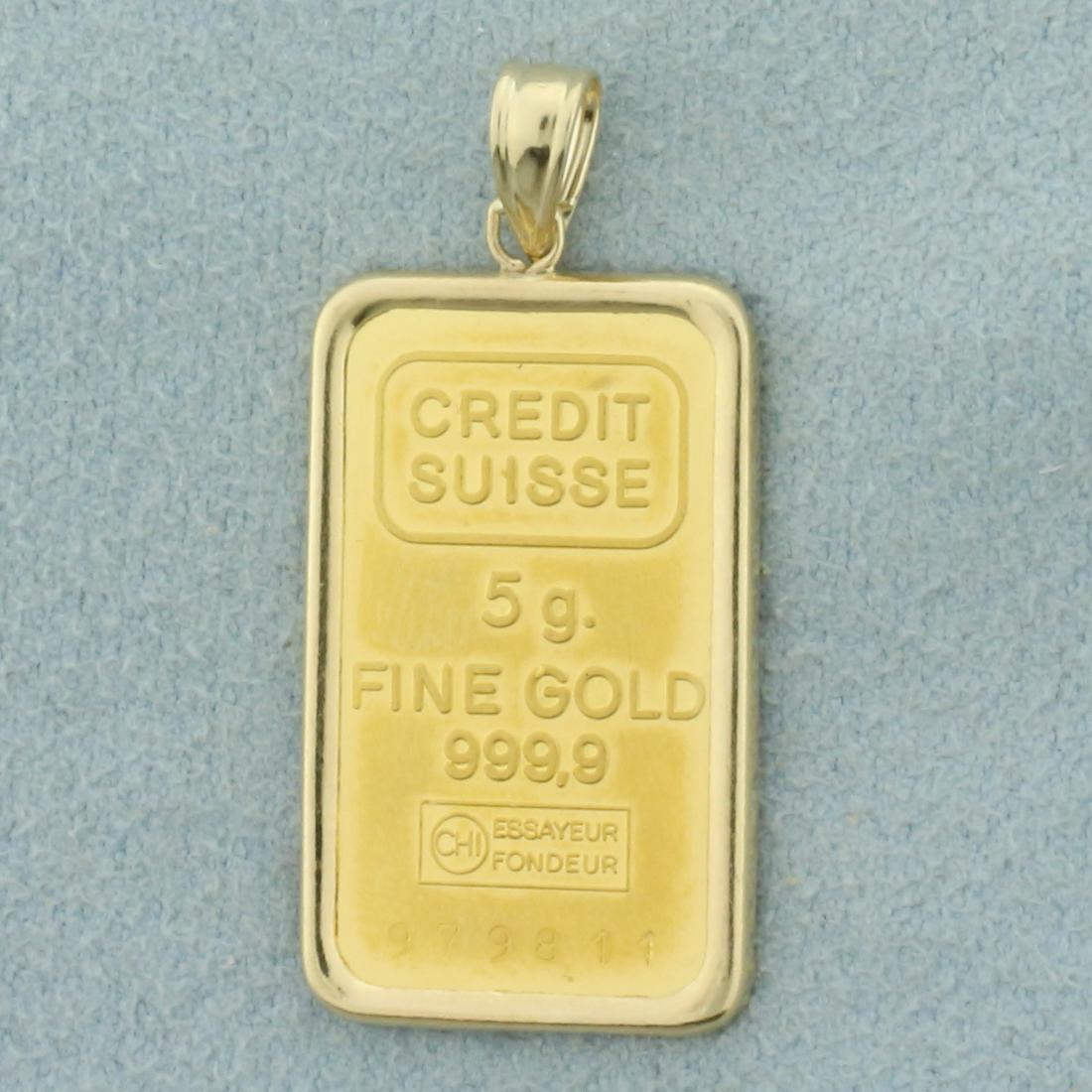 Credit Suisse 5g .9999 Fine Gold Bar Pendant in 14K: Pendant is 14K Yellow Gold, bar is .9999 fine gold. 1 1/4 inches long including bale. 3/8 inch wide. 5.5g