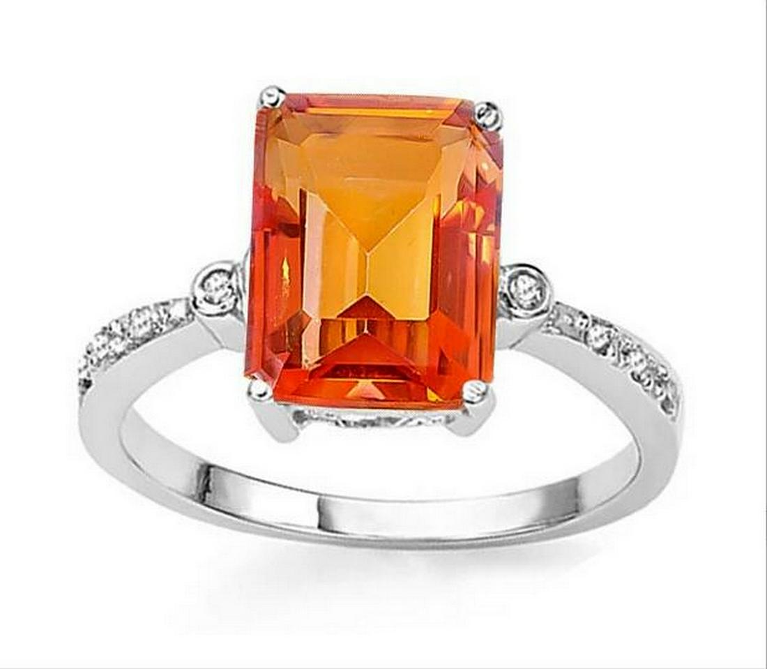Checkerboard Cut 2.5CT Azotic Topaz & Diamond Ring in: Checkerboard rectangular cut 2.51ct azotic topaz gemstone ring, accented with .01ctw genuine diamonds. Size 7. Set in platinum over sterling silver, 2.4g.