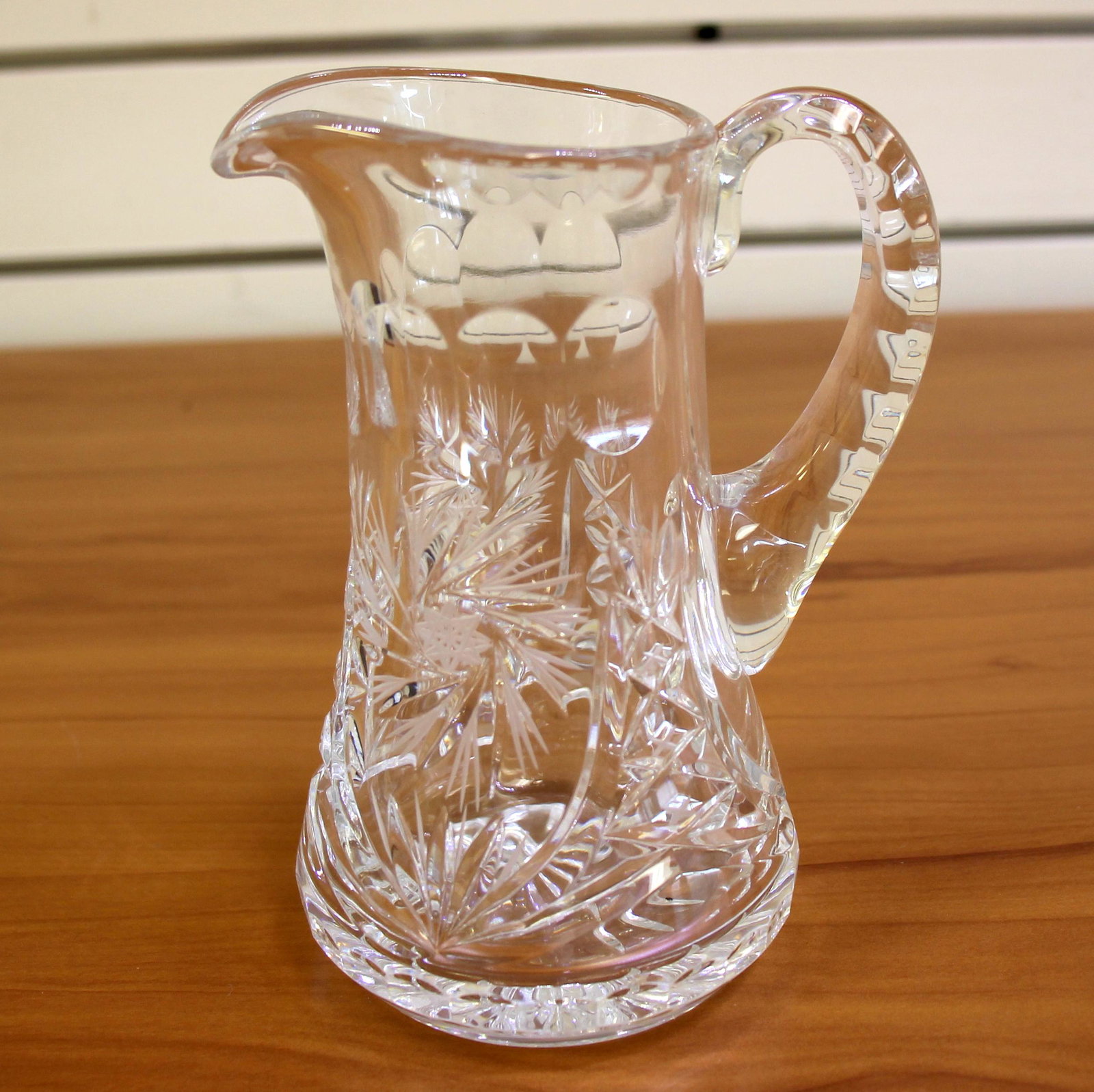 Bohemia Crystal Pinwheel Creamer: 6 inches tall. 3 inches spout to handle. 3 1/2 inches at widest point. Great condition. 638.9g