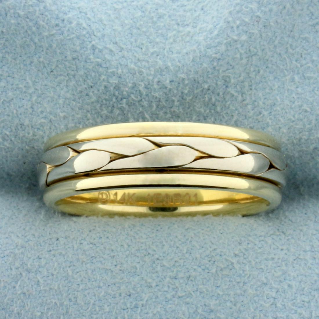 Men's Unique Two Tone Braided Design Wedding Band Ring: In 14K Yellow and White Gold. 6.mm wide. Size 10. 8.8g.