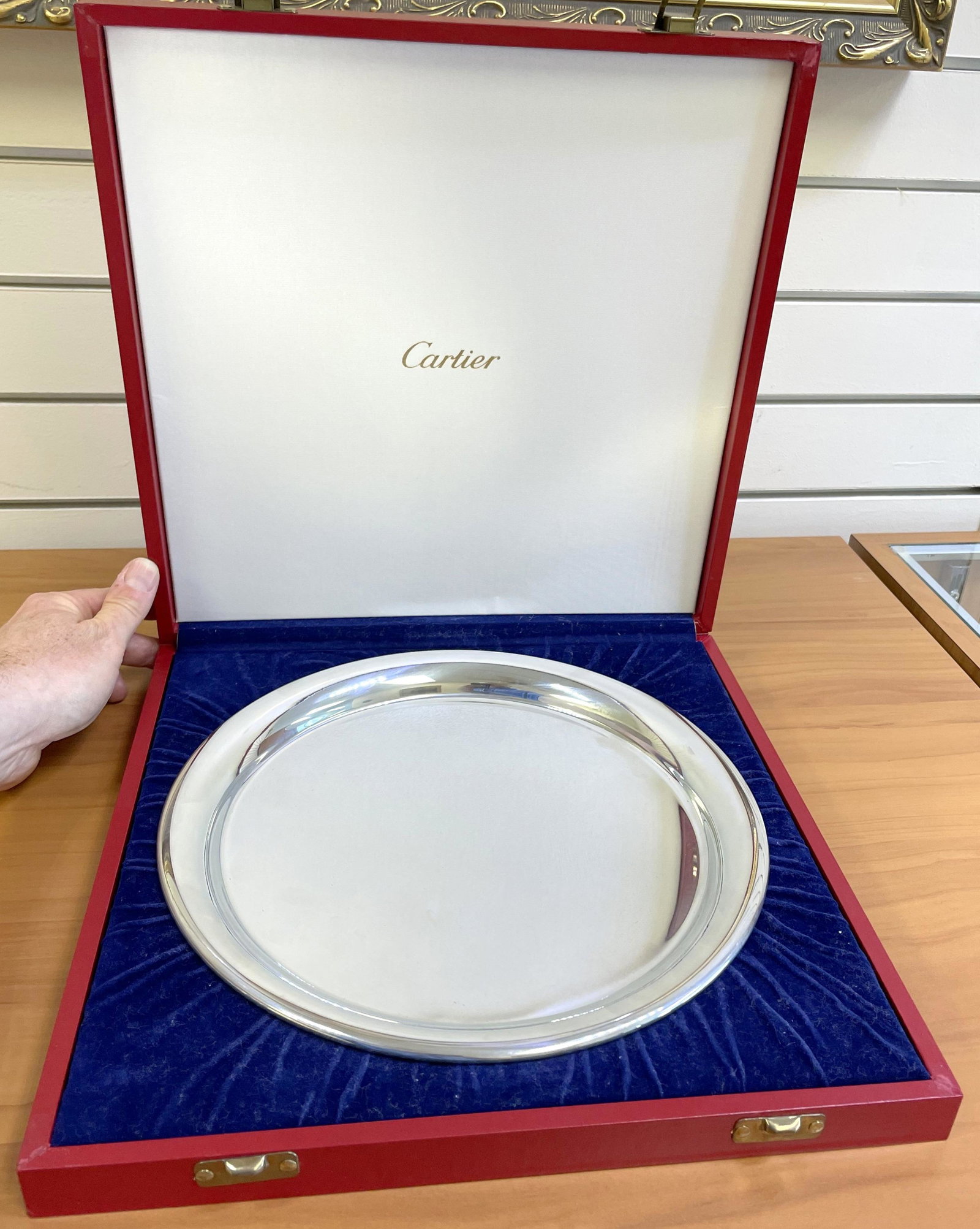 Authentic Cartier Pewter Platter with Original Box: In Pewter. 11 inch diameter platter. Comes in original bag and box. Excellent condition. 742.8g