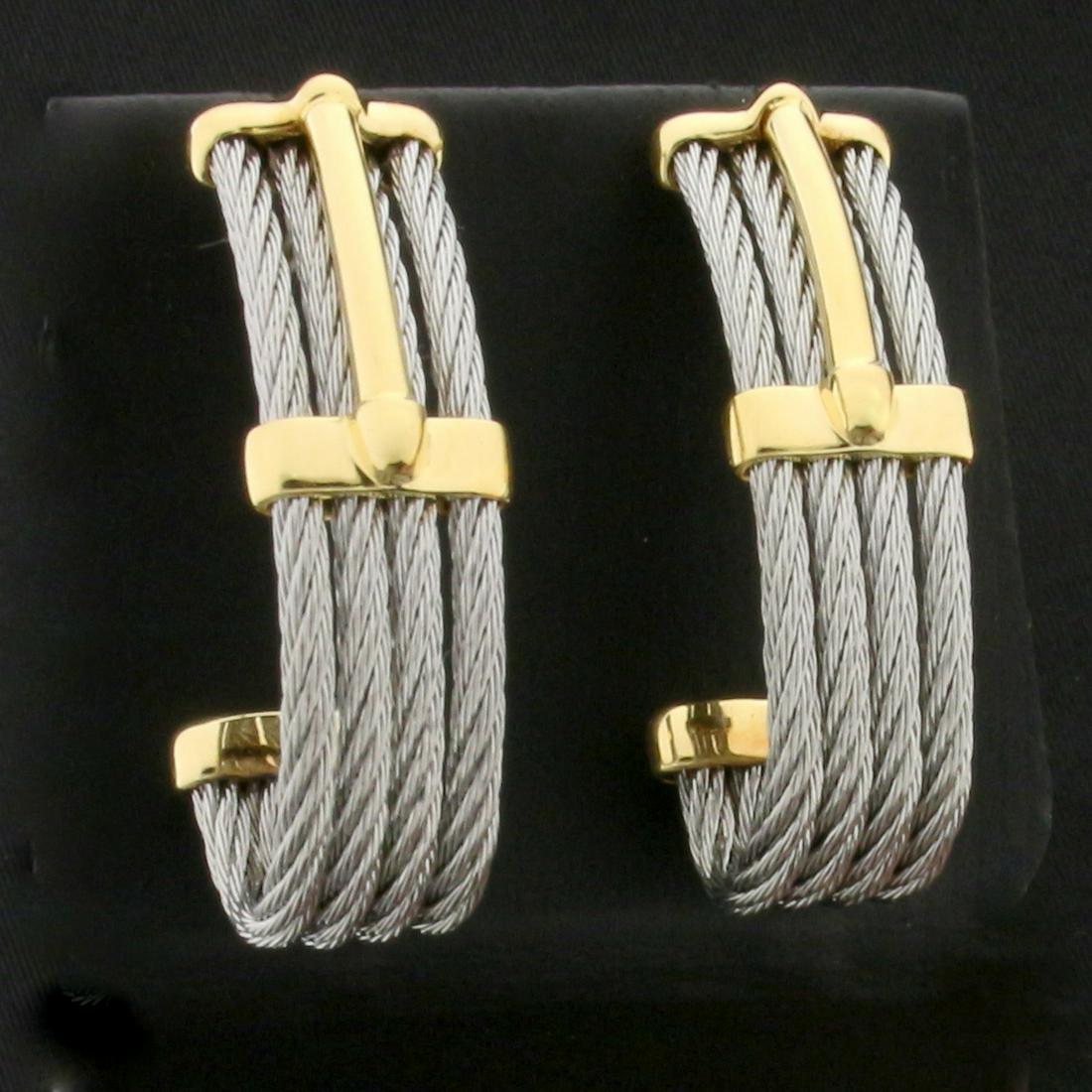 Designer Charriol Cable Link J Hoop Earrings in 18K: In 18K White and Yellow Gold. 10mm wide. 1.25 inches long. With friction backs. 12.1g