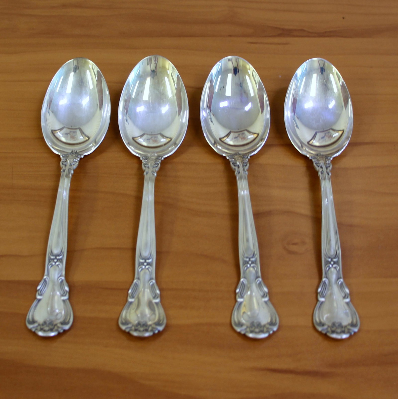 Gorham Chantilly Set of Four Large Serving Spoons in: In Sterling Silver. Set of Four solid serving tablespoons @ 8 3/8 inches each. 289.7g