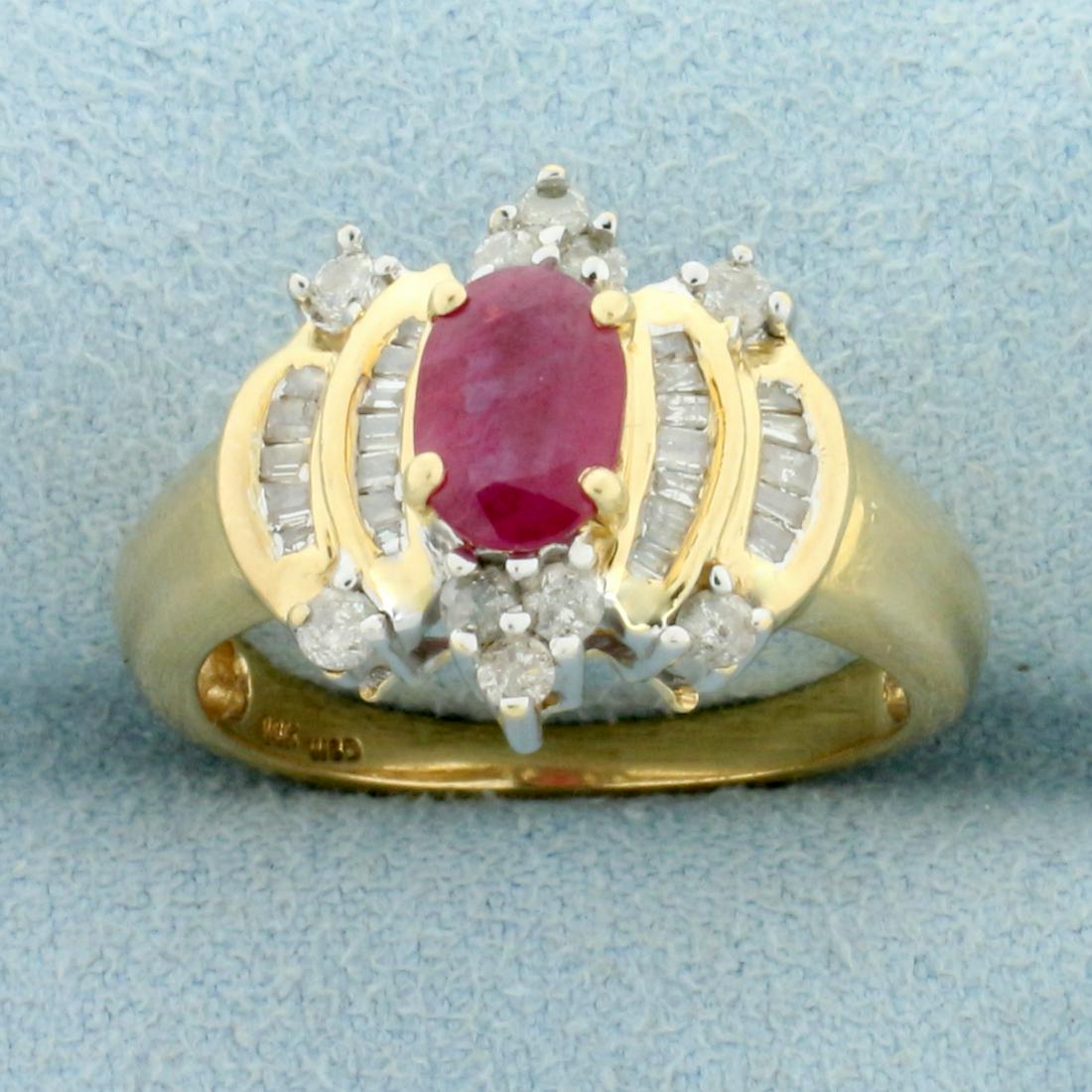 Vintage Natural Ruby and Diamond Ring in 14K Yellow: In 14K Yellow Gold. Contains one high quality natural ct oval cut Ruby gemstone with vibrant ruby red color. Also contains ten high quality .02ct round and twenty- four .01ct baguette Diamonds, SI cla