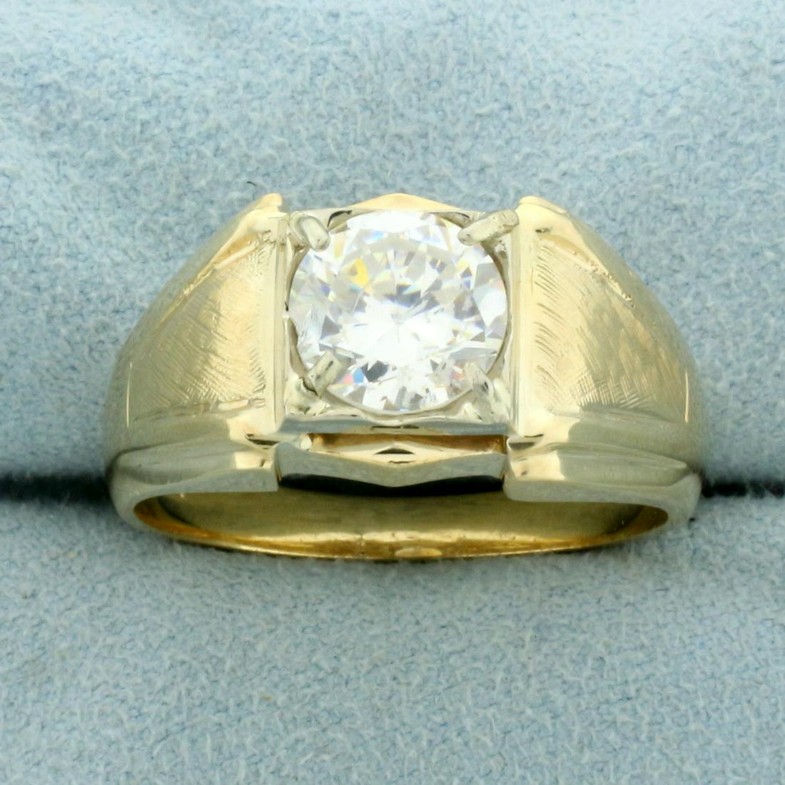 Mens 2ct CZ Solitaire Ring in 14K Yellow Gold: In 14K Yellow Gold. Contains one high quality natural 2ct CZ gemstone with excellent clarity and cut for lots of sparkle. Size 12. 7.1g