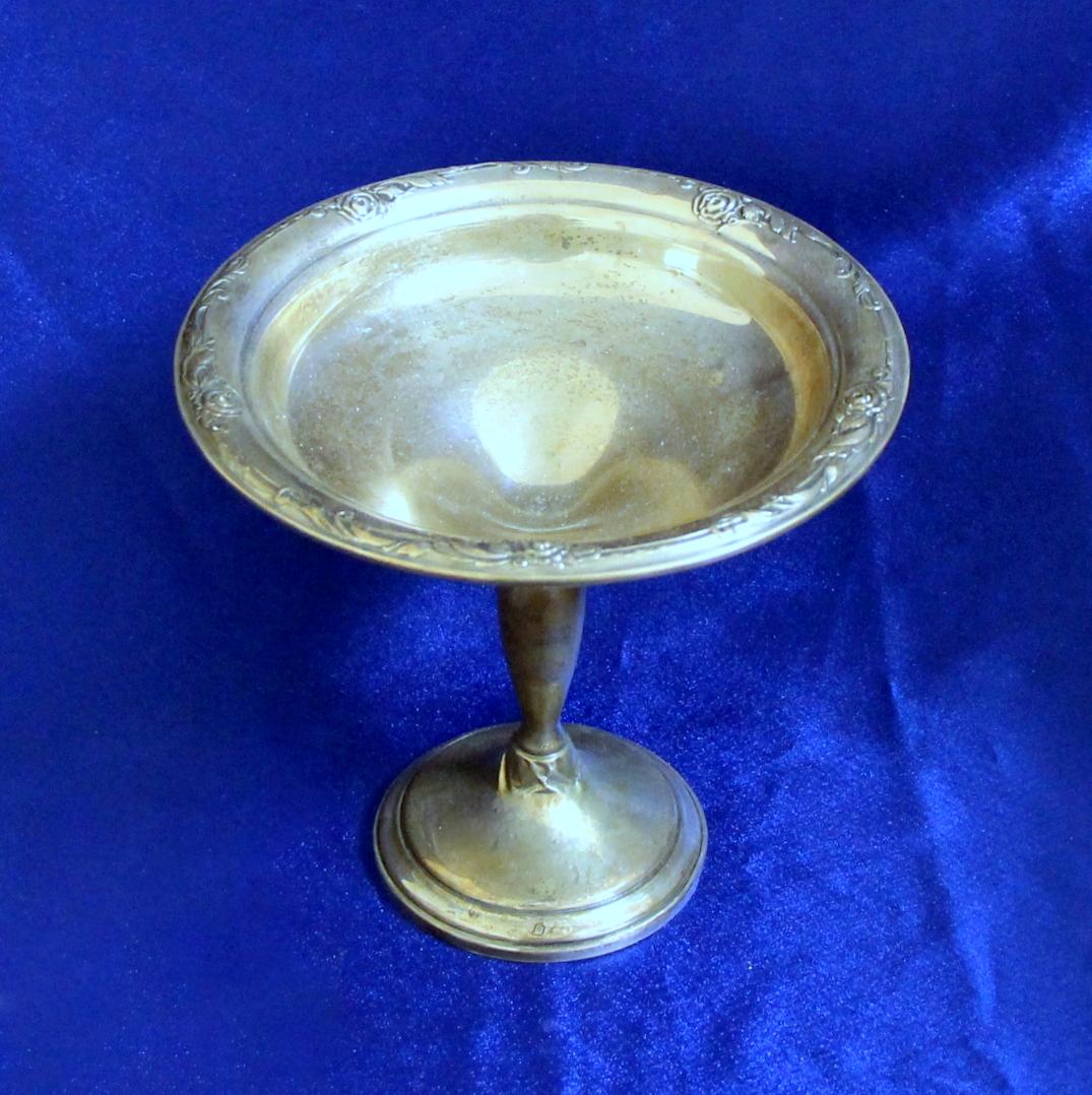 Vintage Damask Rose Sterling Silver Compote or Candy: .925 Sterling Silver (weighted). 6 1/4 inches tall, 6 1/2 inch diameter. In excellent condition. 321.8g