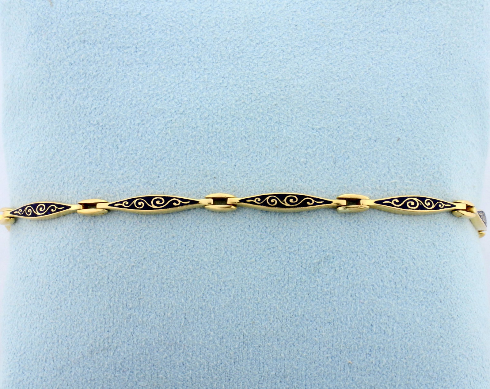 Vintage Thin Enamel Bracelet in 18K Yellow Gold: In 18K Yellow Gold. 7 1/2 inches long, 2.9mm wide. Safety clasp or safety chain. 8.6g.