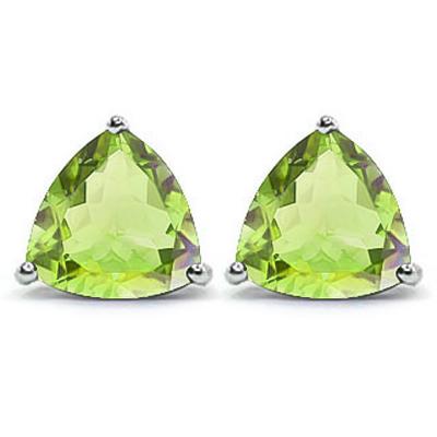 Trillion 1.5 CTW Peridot Stud Earrings in Platinum over: Trillion cut, 1.5ctw, 6mm Peridot gemstones are set in Platinum over Sterling Silver with friction backs. 1.2g