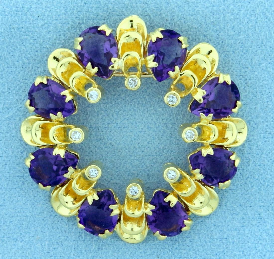 Designer Amethyst and Diamond Pendant or Pin in 18K: In 18K Yellow Gold. Contains eight high quality natural 8x6mm pear shaped Amethyst gemstones with vibrant purple color and excellent clarity. Also contains eight high quality .02ct Diamonds, SI clarit