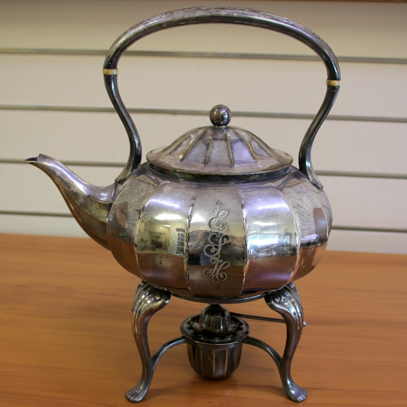 Vintage Tiffany & Co. Silver Teapot Kettle With: In soldered silver EP. Great condition for age, comes with original burner that still can be used. Kettle is 8 1/2 inches tall, 4 pints. Stand is 4 inches tall. Monogrammed as shown in picture. 1437.5