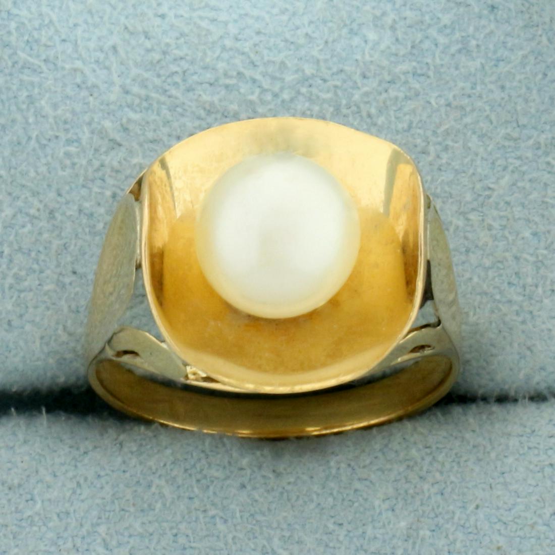 Vintage 7.6mm Akoya Pearl Solitaire Ring in 18K Yellow: In 18K Yellow Gold. Contains one high quality 7.6mm cultured Akoya Pearl, with high luster. Size 6 1/2. 3.9g