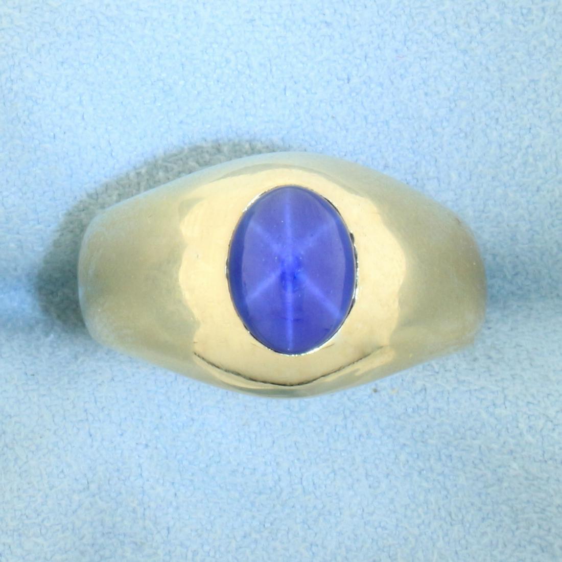 Mens Star Sapphire Solitaire Ring in 14K Yellow Gold: In 14K Yellow Gold. Contains one high quality 9x7mm Star Sapphire gemstone with a very distinctive "star". Size 11. 6.0g