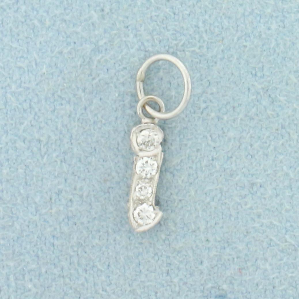Diamond Initial I Charm in 14K White Gold: In 14K White Gold. Contains two .01ct and two .02ct high quality Diamonds, VS clarity/G color. 1/2 inch long with jump ring. 0.3g.