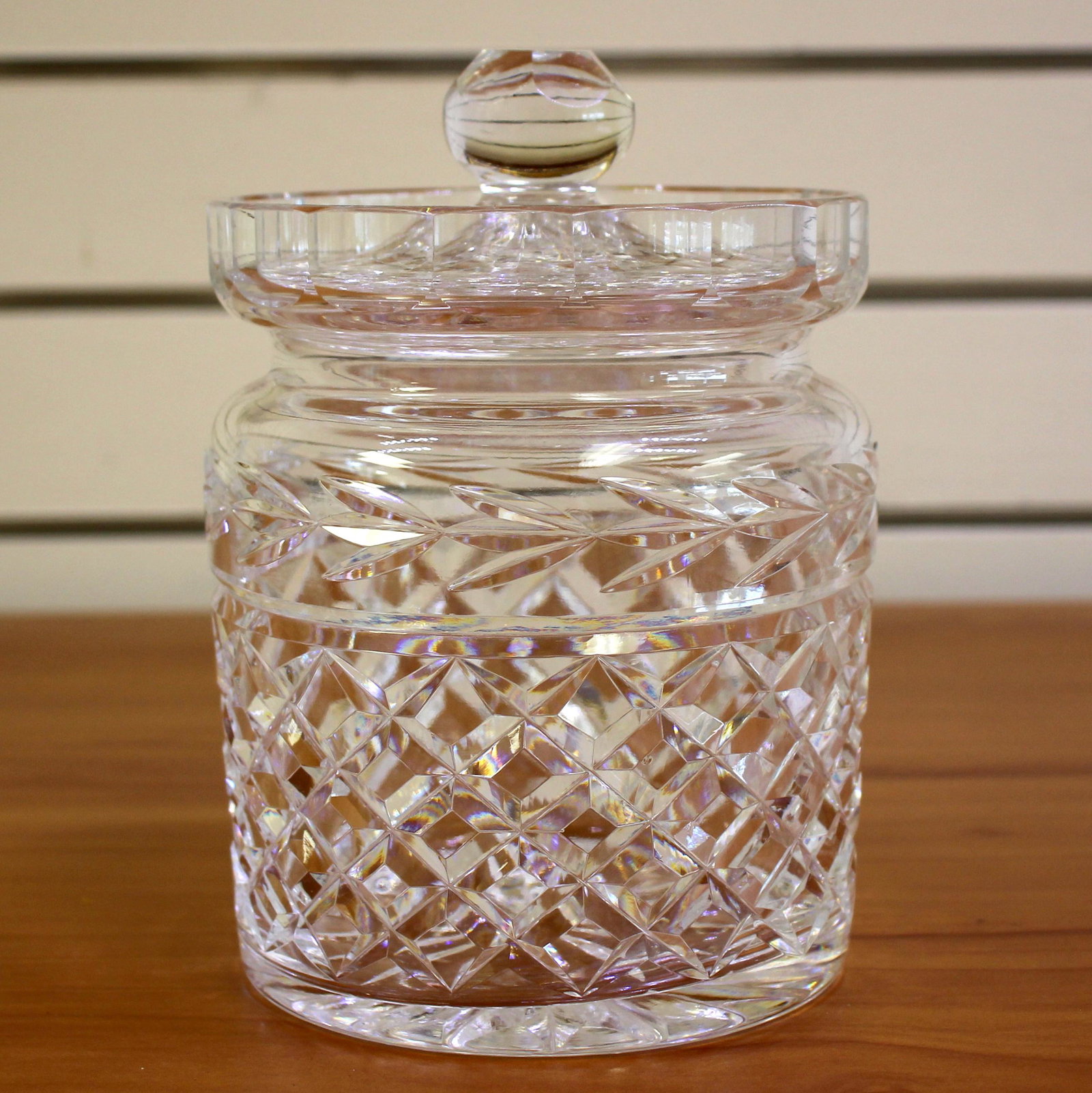 Waterford Crystal Candy Biscuit Barrel Jar With Lid: Excellent condition, no chips or scratches. 6 inches high. 5 inches wide. Acid etched Waterford on bottom.