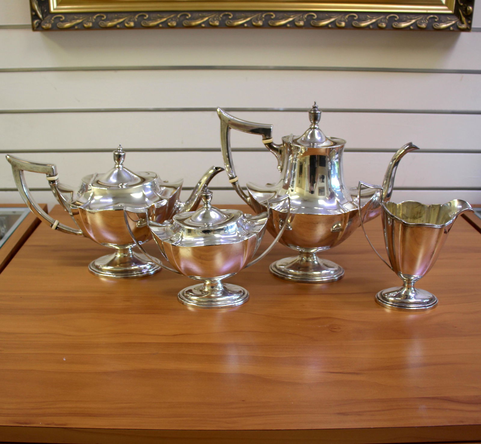 Antique Gorham Plymouth 4-Piece Tea and Coffee Set in: Solid .925 Sterling Silver. 1 Coffee Pot - 9 1/4 inches tall, 2 3/8 pint, stamped 2441. 1 Tea Pot - 6 3/4 inches tall, 2 pint, stamped 2442. 1 Creamer Pitcher - 6 3/8 inches tall, 5/8 pint, stamped 24