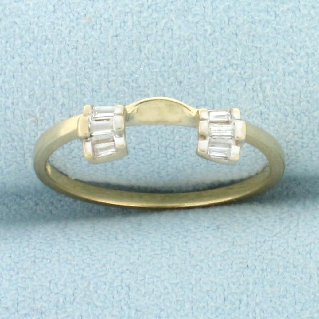 Baguette Diamond Ring Jacket in 10K Yellow Gold: In 10K Yellow Gold. Contains six 2mm baguette diamonds, SI clarity/H color. Size 7 1/4. 1.4g.