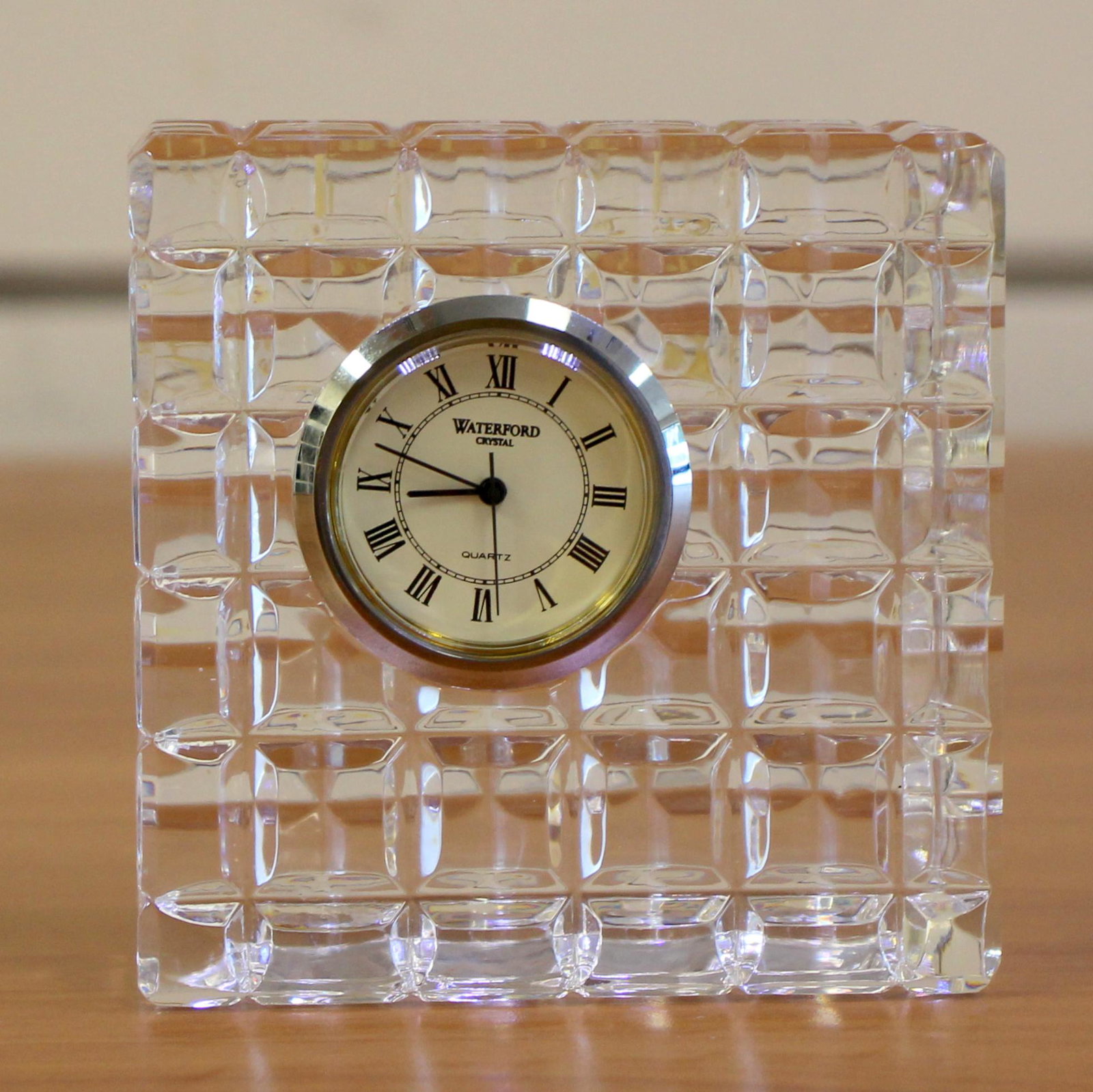 Waterford Crystal Desk Clock: Excellent condition, no chips or scratches. Quartz movement, battery not included. 3 1/8 inches high. 3 1/8 inches wide.