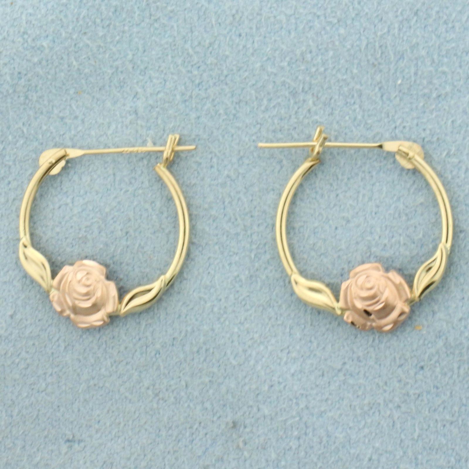 Rose Hoop Earrings in 14K Rose and Yellow Gold: In 14K Rose and Yellow Gold. 3/4 inch long. 0.6g