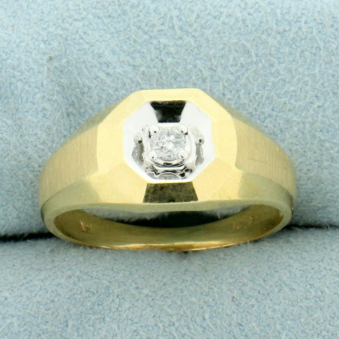 Art Deco Design Diamond Solitaire Ring in 14K Yellow: In 14K Yellow and White Gold. Contains one high quality .15ct Diamond, H color/I clarity. Size 9. 3.6g