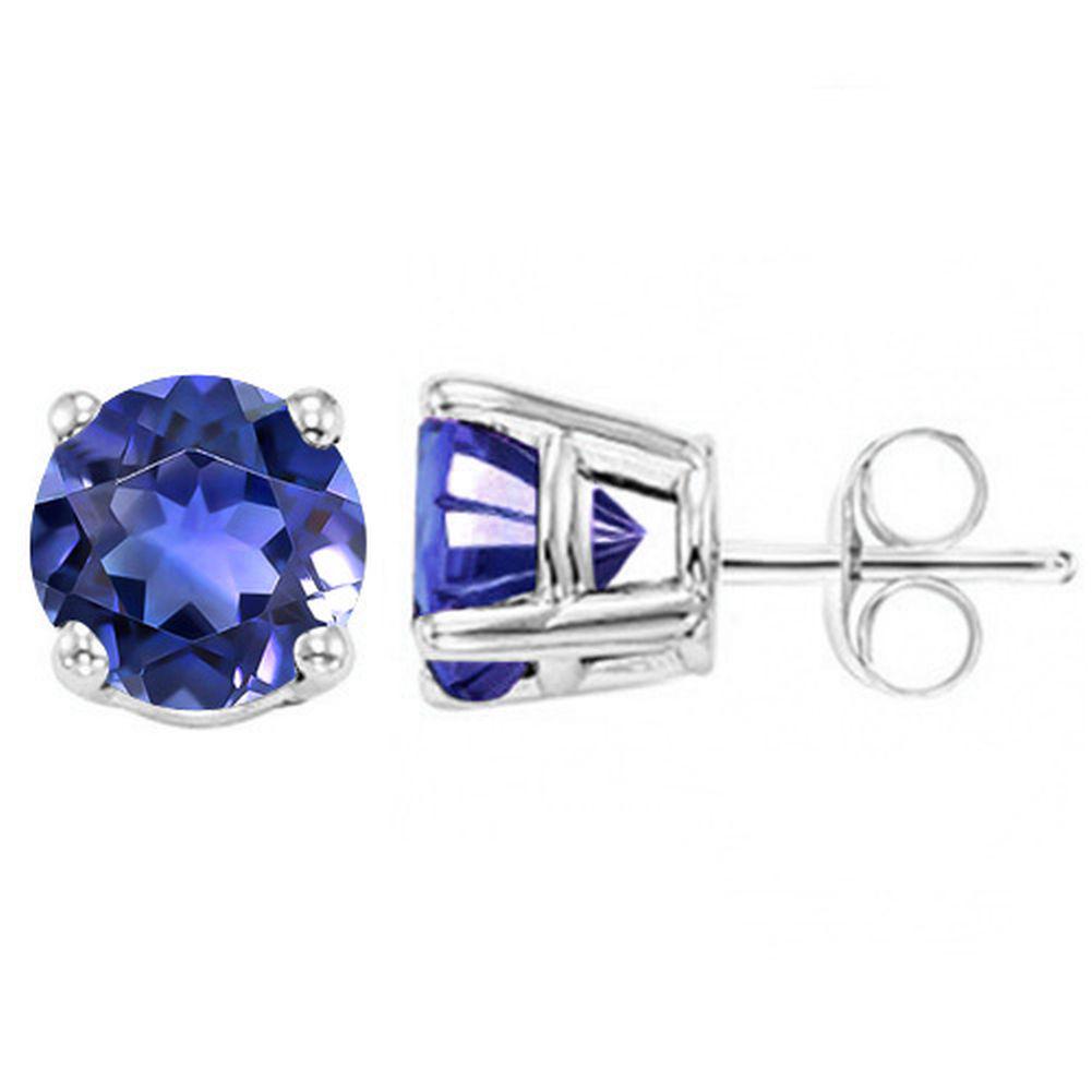 5MM Round Cut Lab Tanzanite 1.2CTW Stud Earrings in: In platinum over .925 sterling silver basket mountings with friction backs included. Contains 2 round cut lab tanzanite gemstones with excellent color and clarity, approx. 1.2CTW, 5mm each. 1.1g