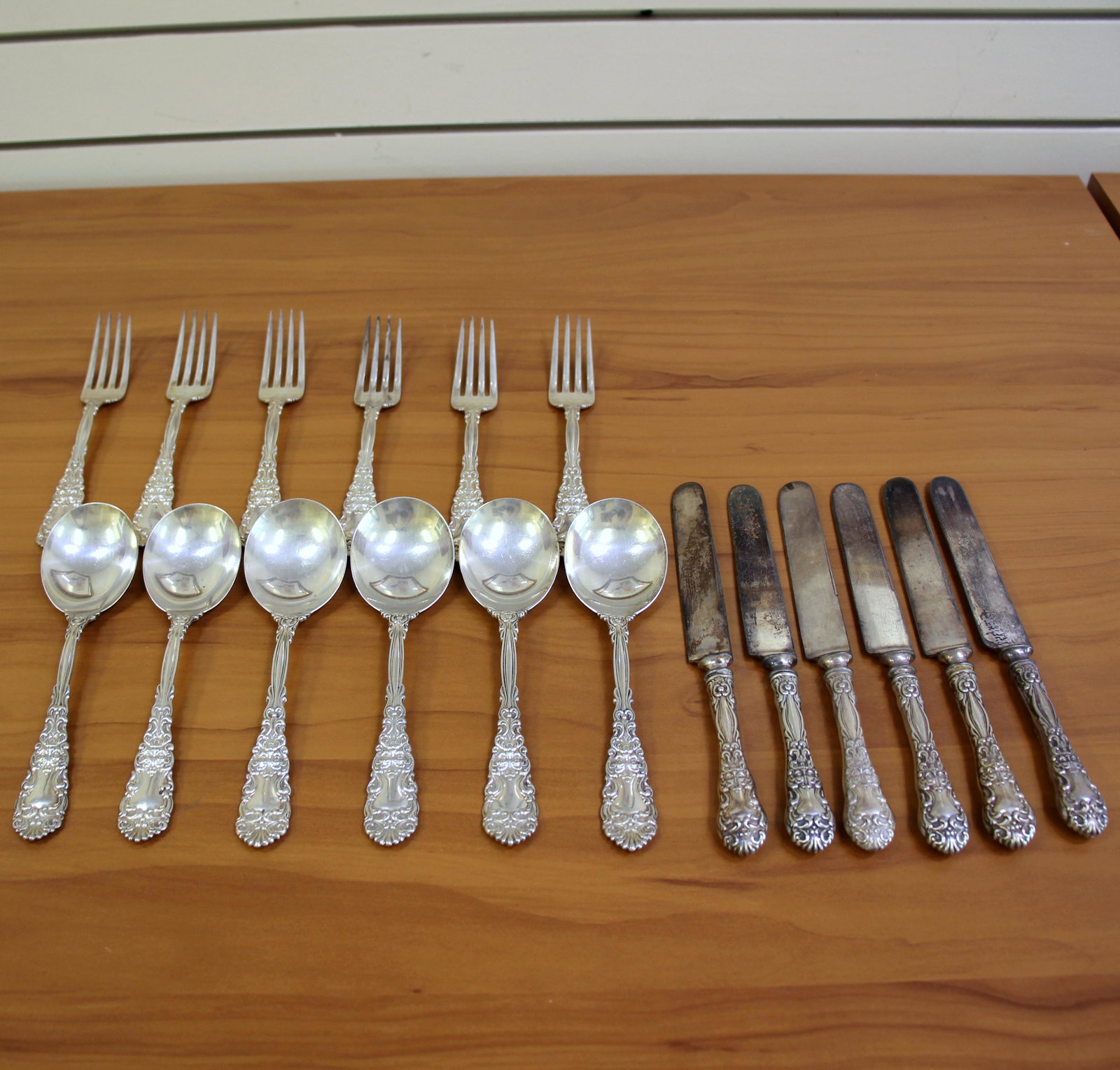 Rare Antique Dominick And Haff Renaissance 18 Piece: In Sterling Silver. Is a rare pattern from 1894. Figural pattern features a north wind face on the handle and back of spoon bowls in fine detail. Contains six forks @ 7 inches. Six round bowl gumbo la