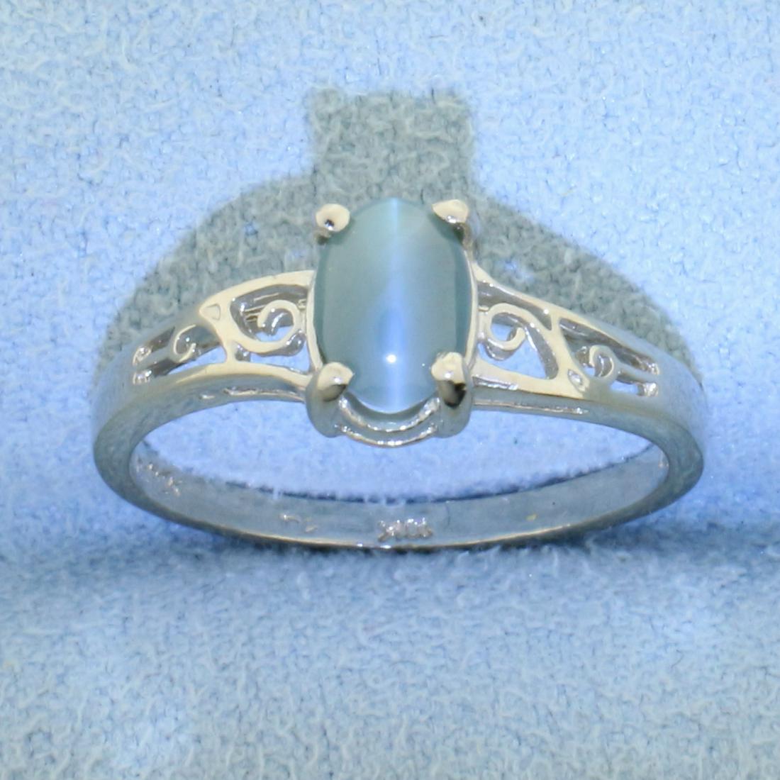 Cats Eye Ring in 10K White Gold: In 10K White Gold. Contains one high quality6 x 4mm oval cut Cat's Eye gemstone with very distinct "eye". Size 5. 1.5g.