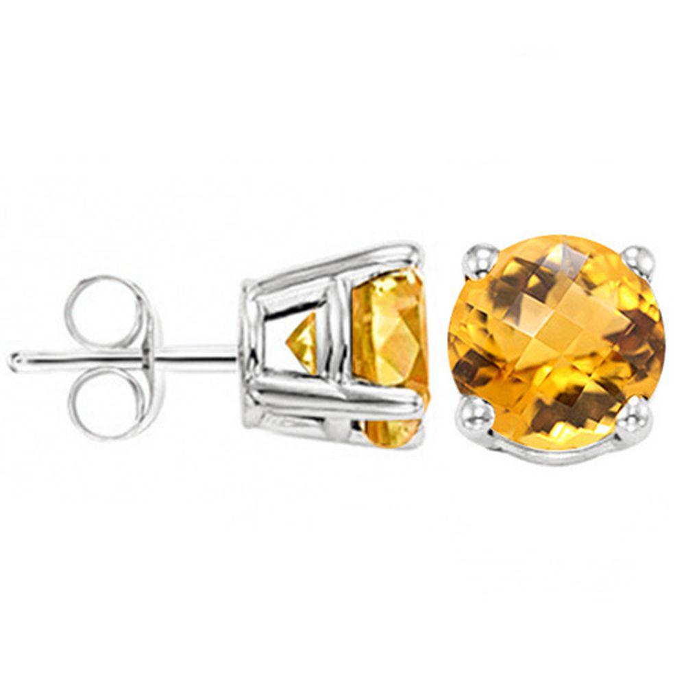 5MM Round Cut Citrine .9CTW Stud Earrings in Sterling: In platinum over .925 sterling silver basket mountings with friction backs included. Contains 2 round cut citrine gemstones with light golden lemon color and excellent clarity, approx. .9CTW, 5mm each
