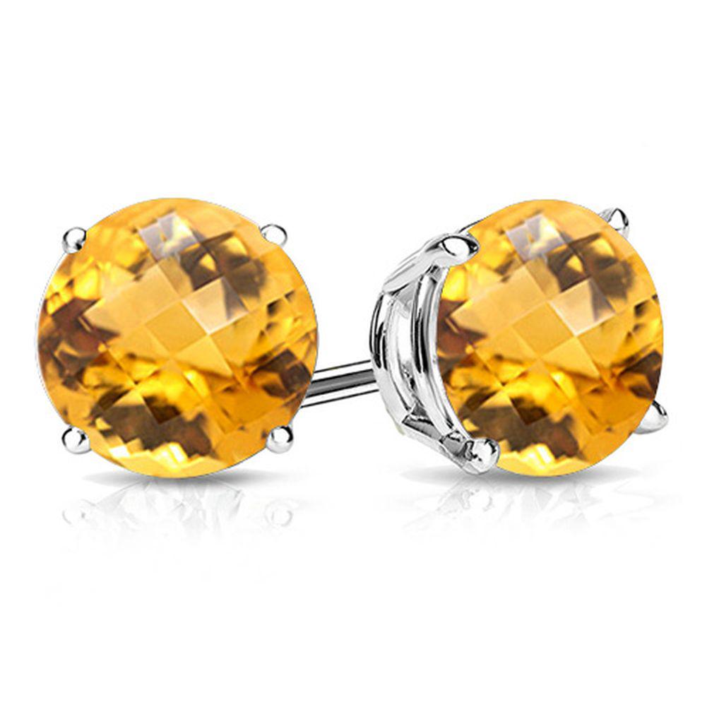 8MM Round Cut Citrine 3.75CTW Stud Earrings in Sterling: In platinum over .925 sterling silver basket mountings with friction backs included. Contains 2 round cut citrine gemstones with light golden lemon color, approx. 3.75CTW, 8mm each. 2.3g