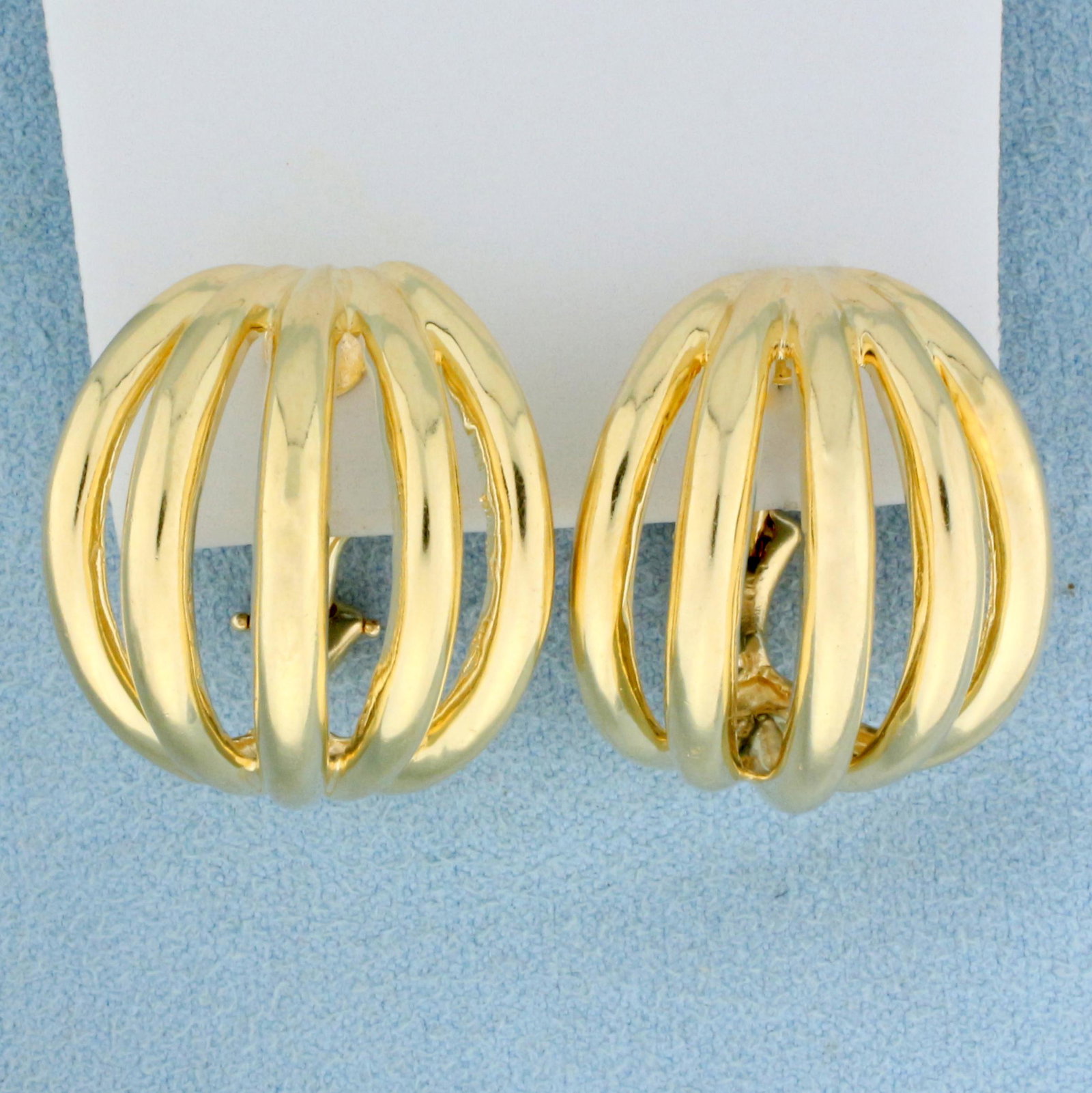 Unique Designer Huggie Earrings in 14K Yellow Gold: In 14K Yellow Gold. 7/8 inch long and wide. 13.3g