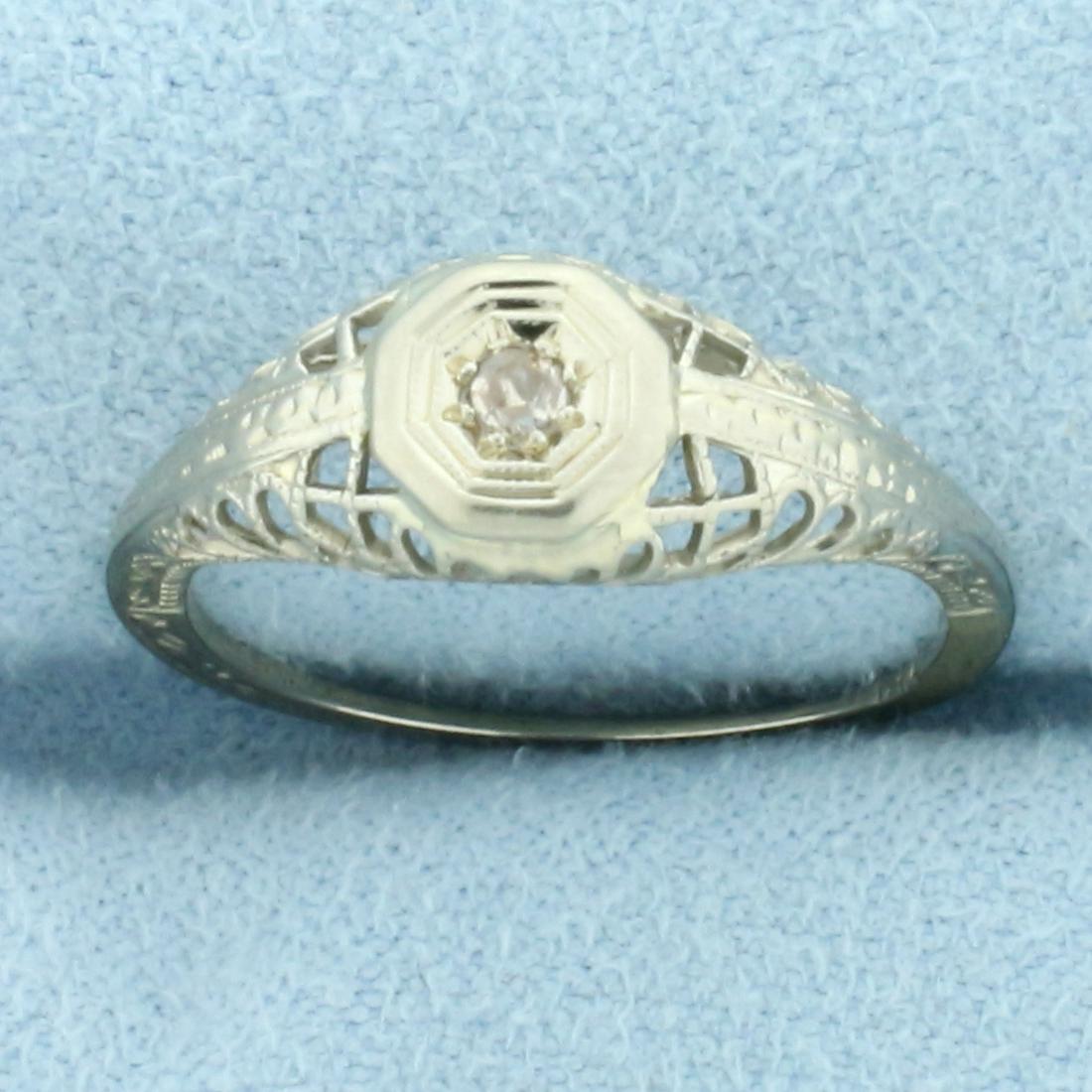 Antique Art Deco Old European Cut Diamond Filigree Ring: In 18k white gold. Contains one high quality .05ct Old European Cut Diamond, SI clarity/I color. Size 6. 1.5g