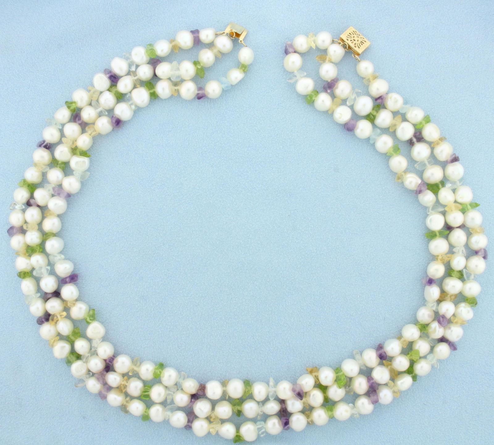 Triple Strand Pearl and Gemstone Necklace in 14K Yellow (16445) on Feb