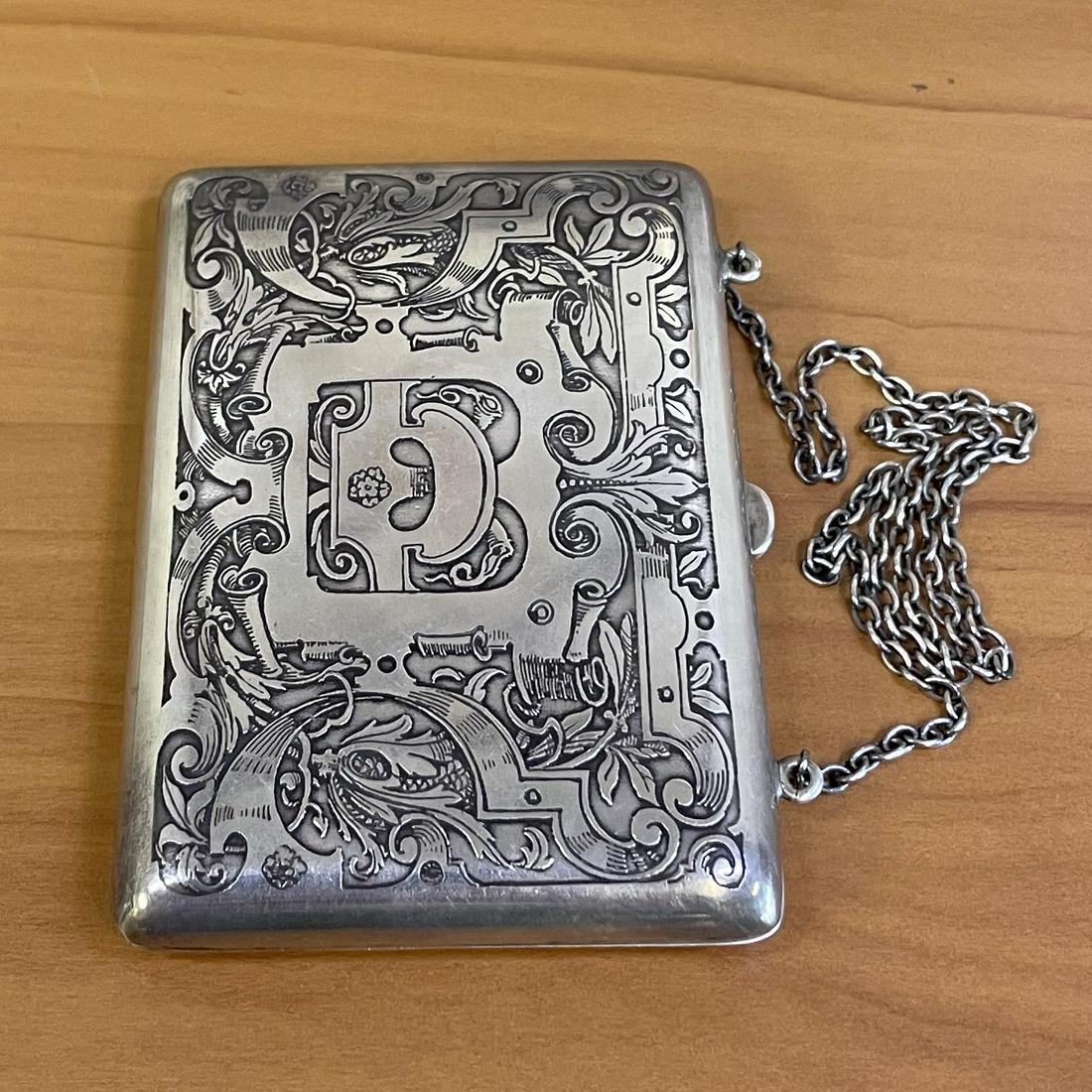 Antique American Art Nouveau Wm. B. Kerr & Co. Sterling Silver Purse: .925 sterling silver. Hinged, and lined with silk pockets. Approx. 3 7/8 Inch by 2 3/4 Inch (main case) with 7.5 Inch Chain strap drop. Model 2605, circa 1890. Intricate hand engraved design with scro