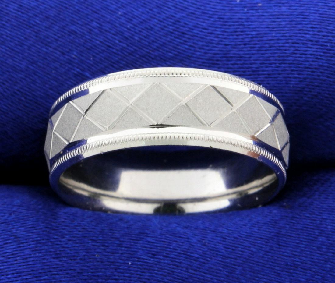Designer Beaded Edge Geometric Design Wedding Band Ring in Platinum: In Platinum. Diamond Pattern with Beaded edge, both high gloss and matte finish. 7mm wide. Size 7. 10.8g