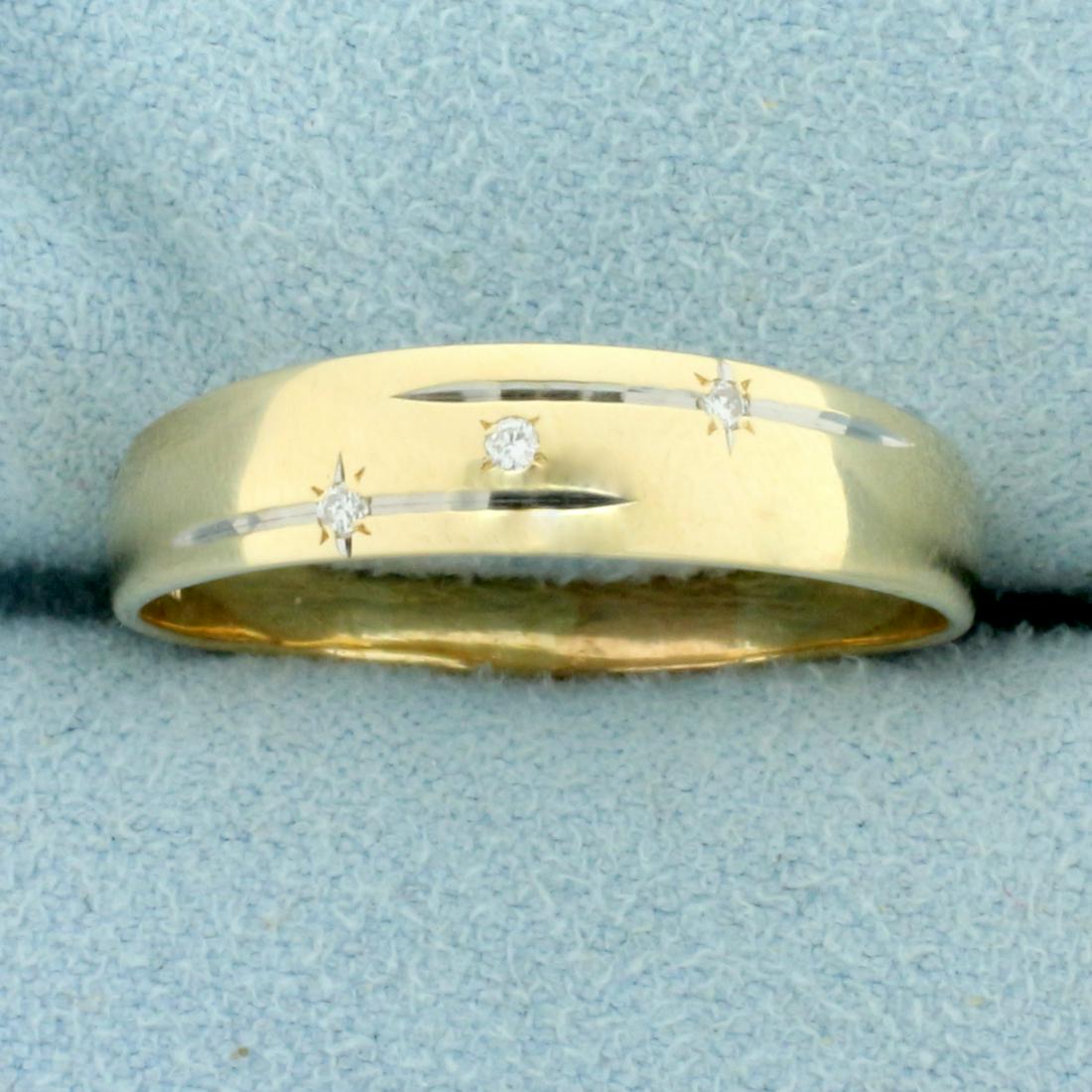 Mens Diamond Wedding Band Ring in 14K Yellow Gold: In 14K Yellow Gold. Contains three high quality 1/2 pt diamonds symbolizing past, present, and future. Size 10 1/2. 5.1mm wide in front. 2.4g