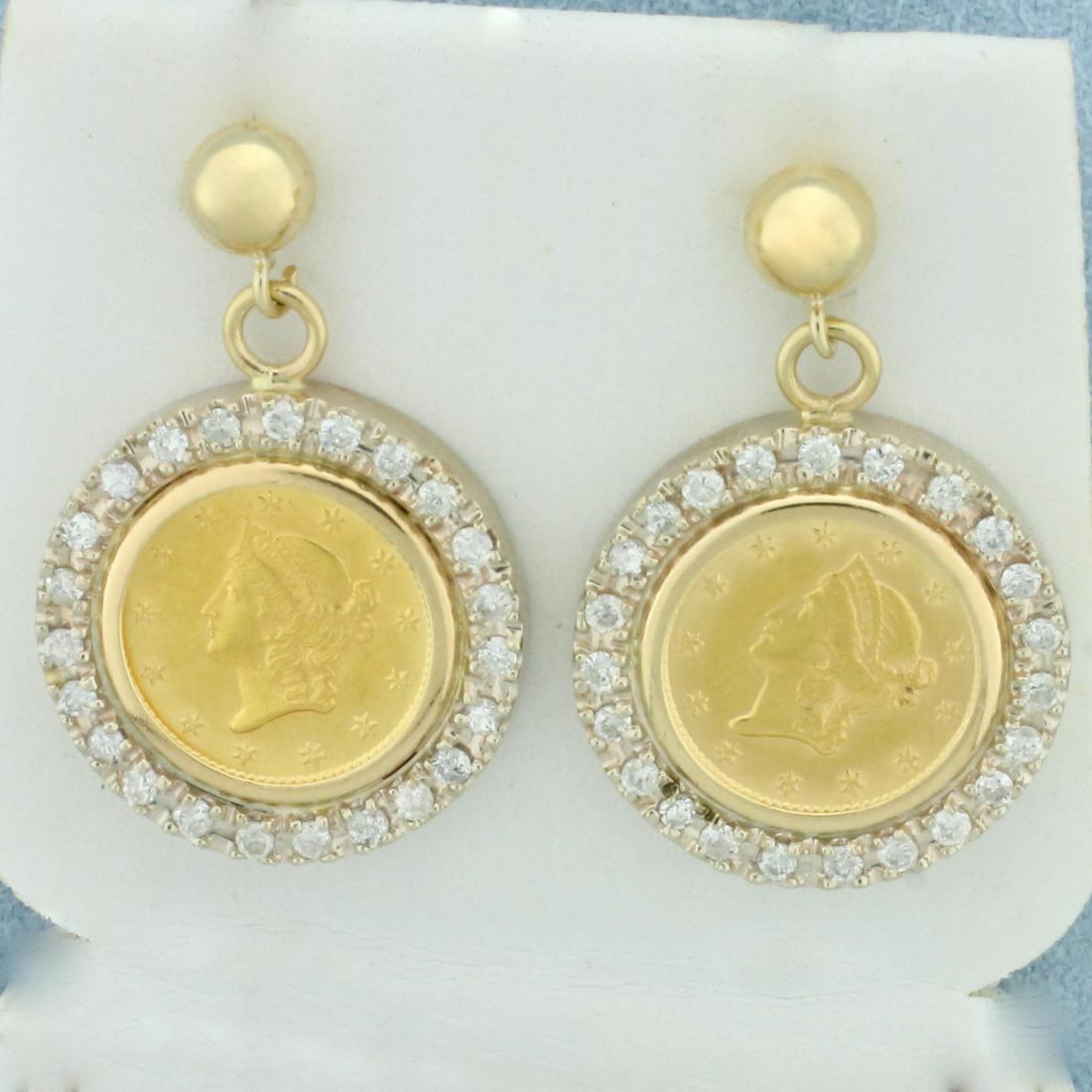 Gold Liberty Head Coin Diamond Dangle Earrings in 14k Gold: In 14k yellow and white gold. Contains two 1853 $1 Gold Liberty Head Coins that are 90% pure gold. Also contains 46 diamonds, 1/2ct TW, SI clarity/G color. Measures 1 1/8 inch long. Friction backs. 8.