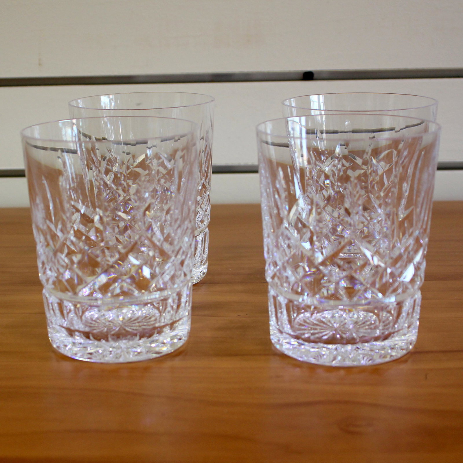 Set of 4 Waterford Crystal Lismore Double Old Fashioned Glasses Old Mark: Four double old fashioned (round bottom) glasses with acid etched old gothic Waterford mark. In excellent condition, measures 4 3/8 inches high.