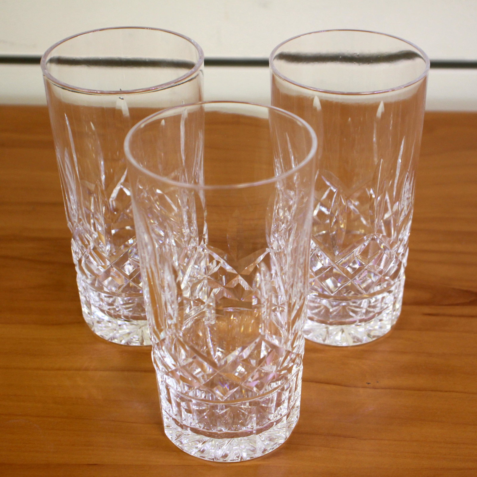 Set of 3 Waterford Crystal Lismore Highball Tumbler Glasses Old Mark: Three highball glass (flat base) measuring 5 /8 inches high. In excellent condition with acid etched old gothic Waterford mark.