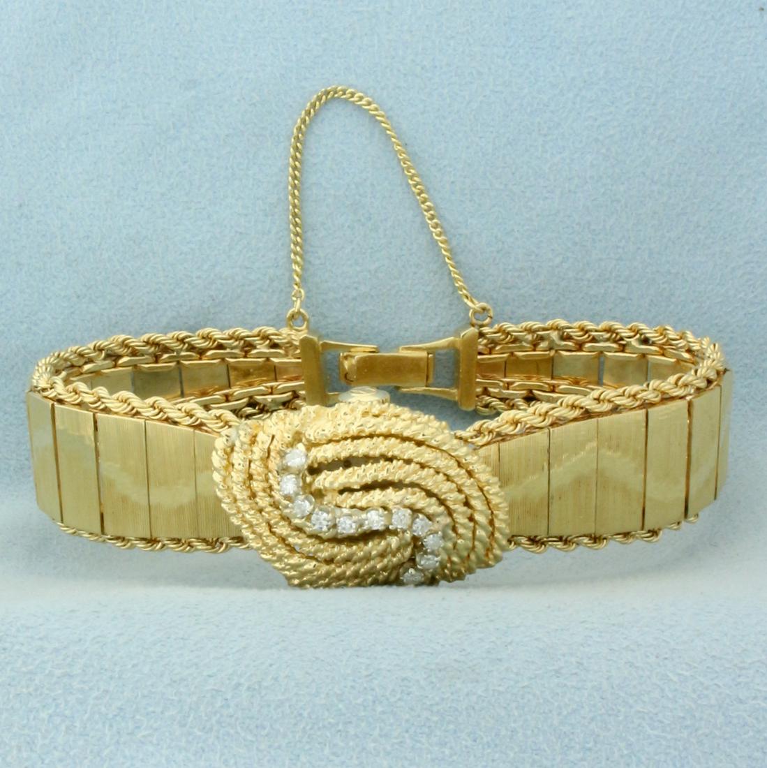 Antique Womens Hamilton Concealed Wrist Watch in Solid 14K Yellow Gold: Band and Case in Solid 14K Yellow Gold. Windup movement runs great, great overall condition with minimal scratching on crystal or case. Case is 18x15mm. Safety chain. 7 inches long. Contains eleven hi