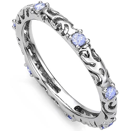 Tanzanite Swirl Stackable Ring in Sterling Silver: Round cut tanzanite gemstone stackable ring, 1/4ctw. Set in platinum over sterling silver, size 8. 1.1g