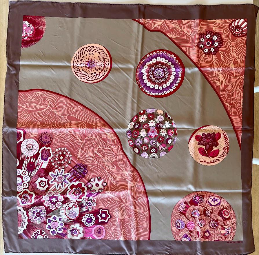 Hermes Sulfures et Presse-Papiers II Carre 90 Sulphides & Paperweights Silk Scarf: Guaranteed authentic with original box. Hermes 35" x 35" (90cm) vintage scarf in grey and mauve pink colorway. Made in France, 100% silk, hand rolled edges. Created by artist Cathy Latham, this is the