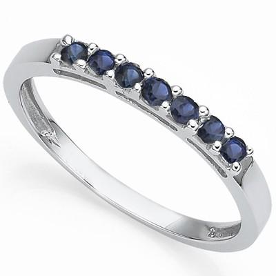 Sapphire Stackable Ring in Sterling Silver: Round cut sapphire gemstone ring, deep blue color, 1/3ctw, set in platinum over sterling silver. Can be worn alone or stacked with other rings. Size 6. 1.4g