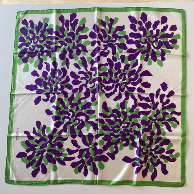 Givenchy Purple & Green Graphic Silk Scarf: Guaranteed authentic. Givenchy Nouvelle Boutique vintage 100% silk made in France scarf. Hand rolled edges and a bold purple and green graphic design with green border. Measures approx. 30" x 30". Sig