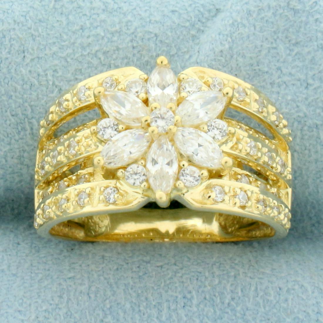 Flower Design CZ Ring in 14k Yellow Gold: In 14k Yellow Gold Contains round and marquise cut diamonds with excellent clarity and cut for lots of sparkle. 12.5mm wide in front. Size 6.5. 6.7g.