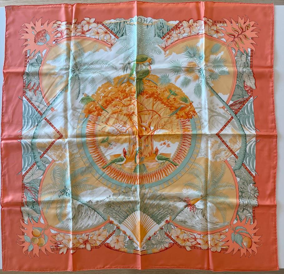Hermes Aloha Carre 90 Hawaiian Silk Scarf: Guaranteed authentic with original box. Hermes 35" x 35" (90cm) vintage scarf in bold colors. Made in France, 100% silk, hand rolled edges. Created by Laurence Toutsy Bourthoumieux Thioune in tropical