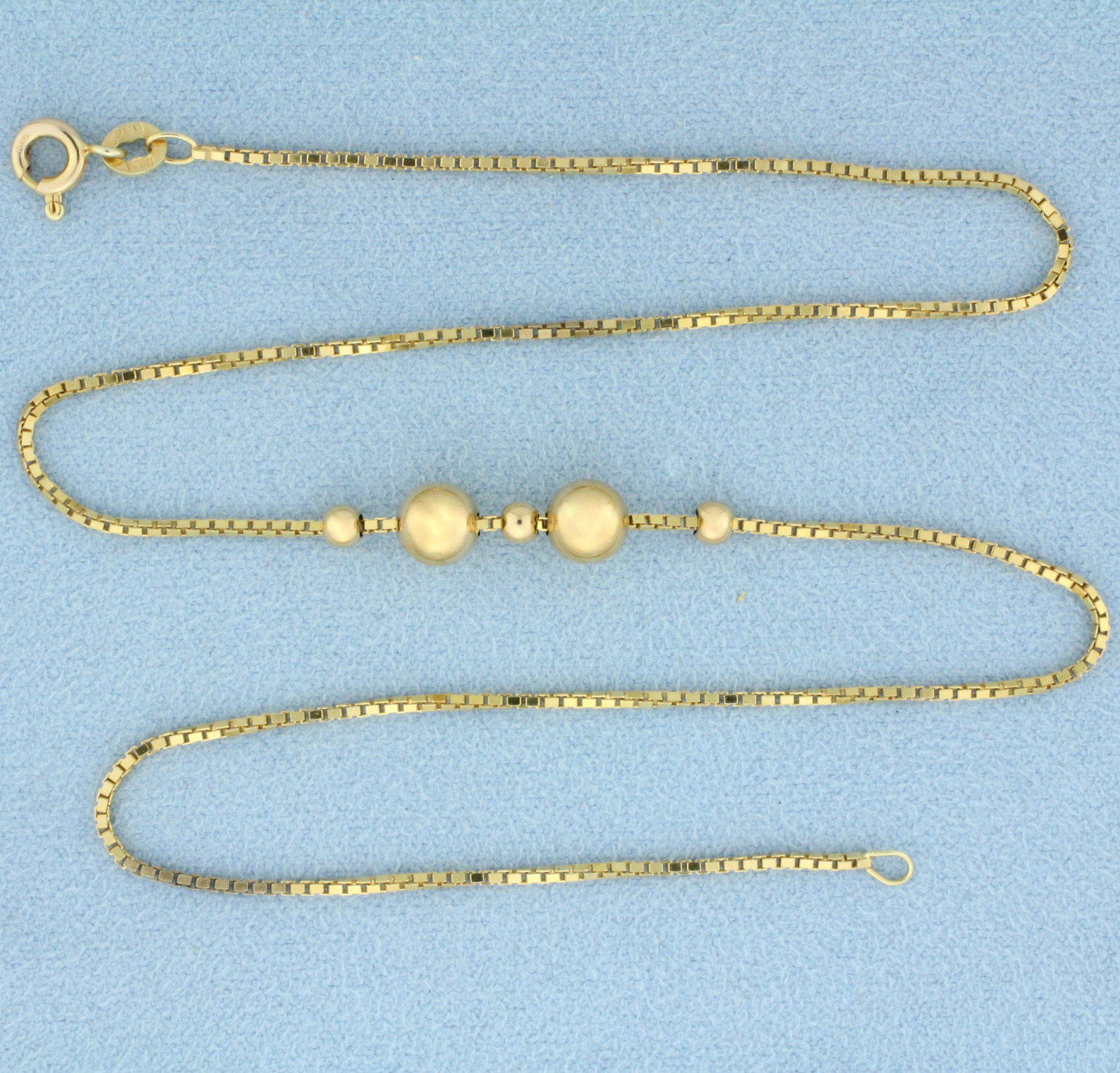 Italian Made 15 Inch Ball Bead Box Link Chain Necklace in 14k Yellow Gold: 14k yellow gold. 15 inches long, Box link chain 1.1mm wide, large ball beads 6mm diameter, spring clasp. 3.5g.